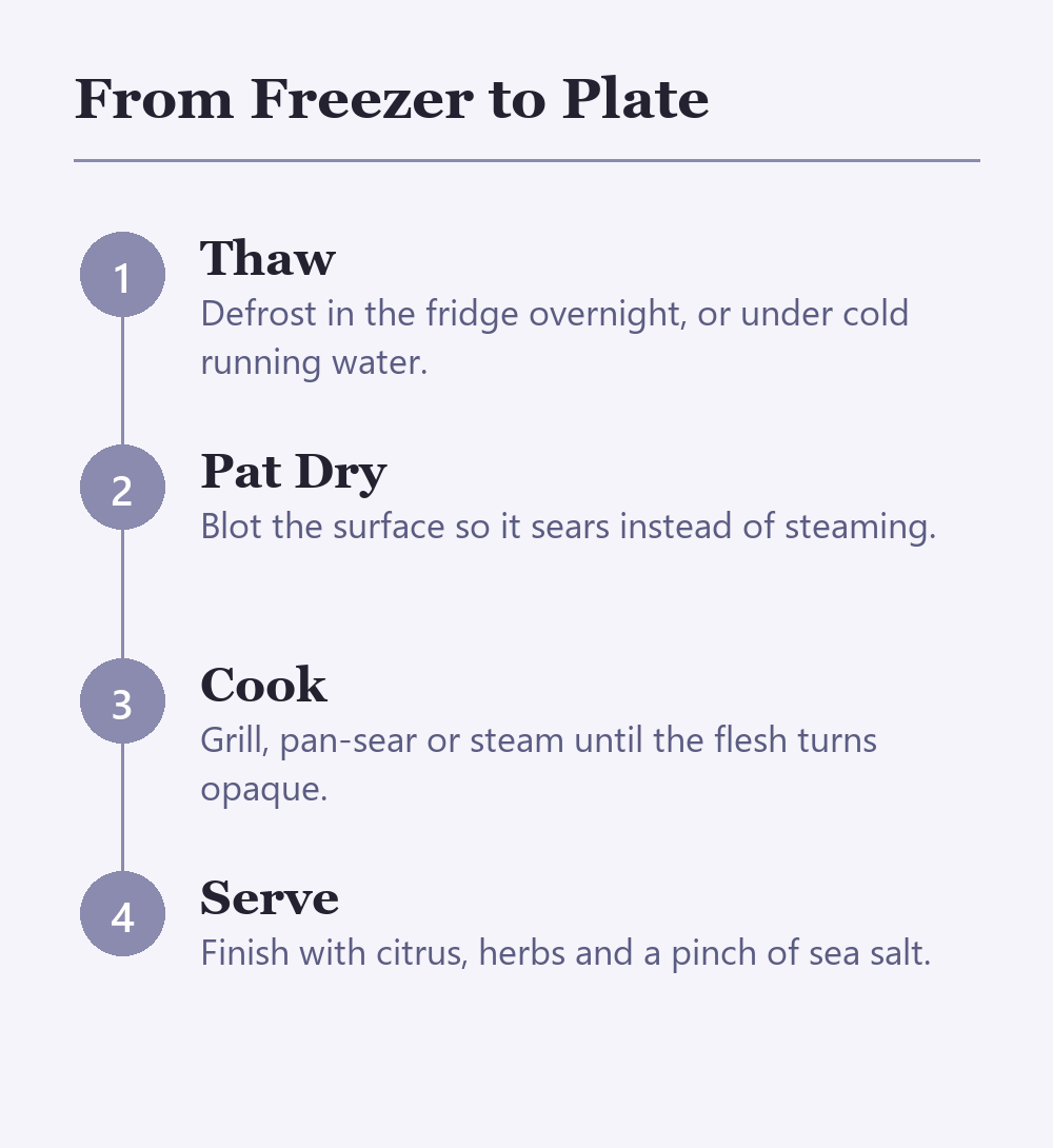 Four steps: thaw, pat dry, cook, serve